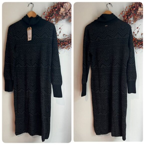 prAna South Rock Sweater Midi Length Dress Size LARGE in Charcoal Intarsia Wool - Picture 1 of 10